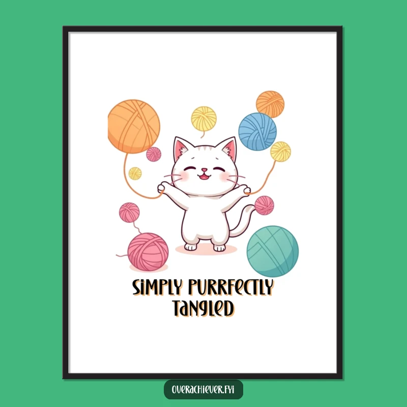 Funny Kawaii Cat Digital Art - Cute Yarn Chaos for Your Walls!