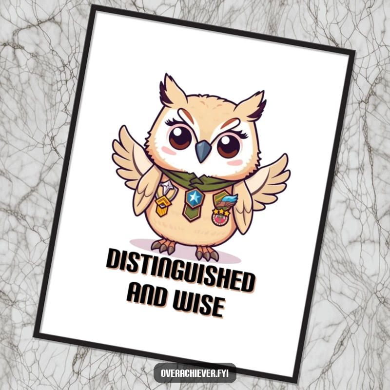 Funny digital art print of a diligent owl character proudly wearing numerous badges of honor, instant wise and accomplished decor.