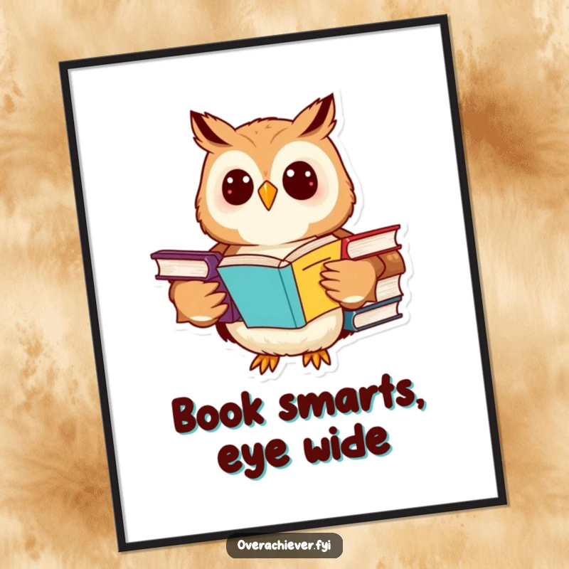 Funny owl digital art print of a cheerful character studying multiple advanced textbooks, instant download.