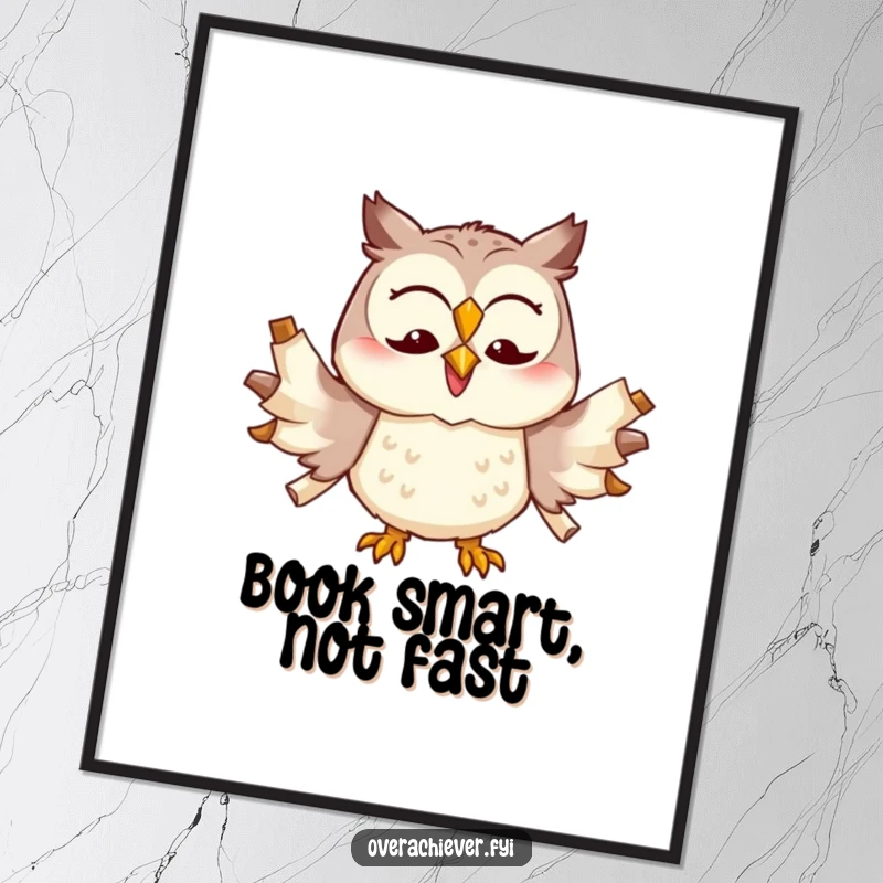 Funny cheerful owl character trying to multitask with too many scrolls unfurled, high-resolution digital art for humorous decor.