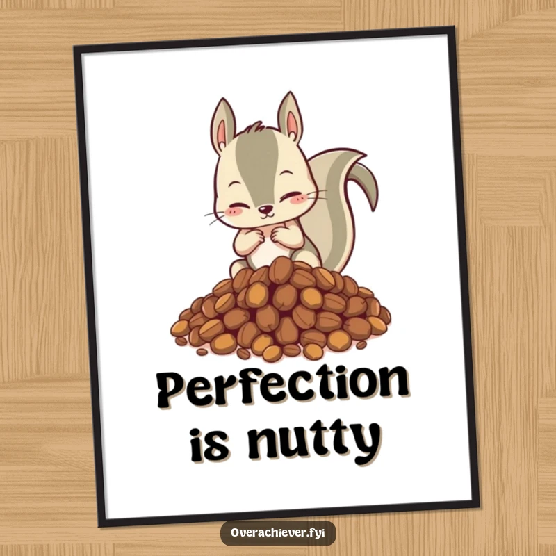 Funny digital art print of a hyperactive squirrel meticulously organizing a vast mountain of nuts, full of energy and humorous detail.