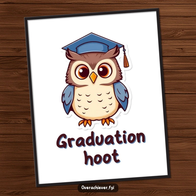 Funny digital art of a determined owl wearing a tiny graduation cap, proudly hooting, offering instant academic humor decor.
