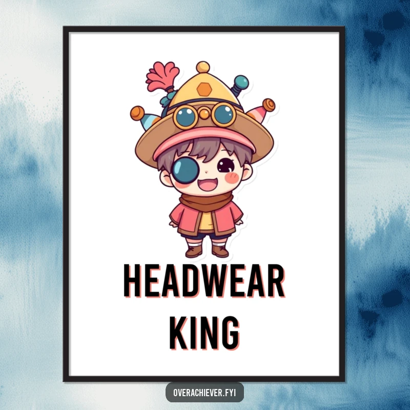 Funny multitasker digital art print of a proud character wearing multiple hats, perfect for celebrating versatility and accomplishment.
