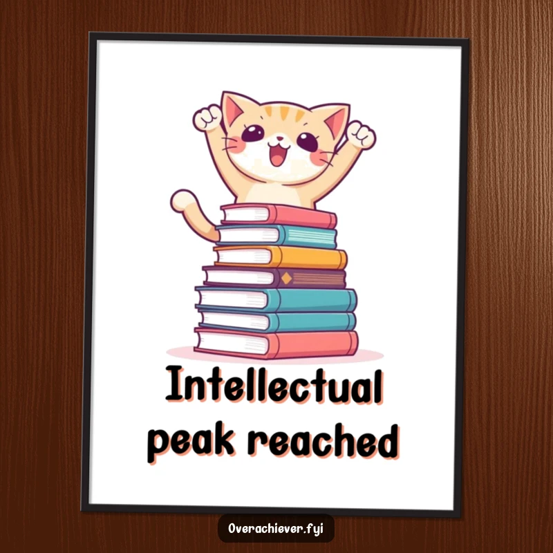 Funny digital art print of a determined cat character in a triumphant pose, conquering a massive stack of books for motivational decor.