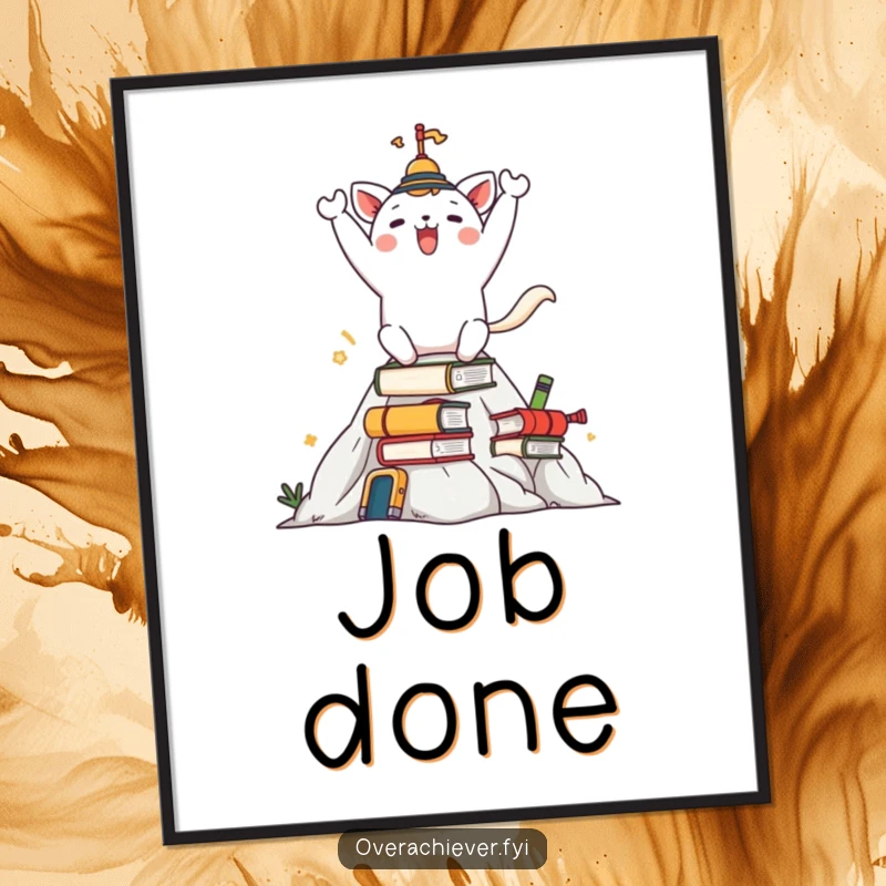 Funny digital art print of a celebrating animal character on a mountain of tasks, motivational and humorous wall decor.