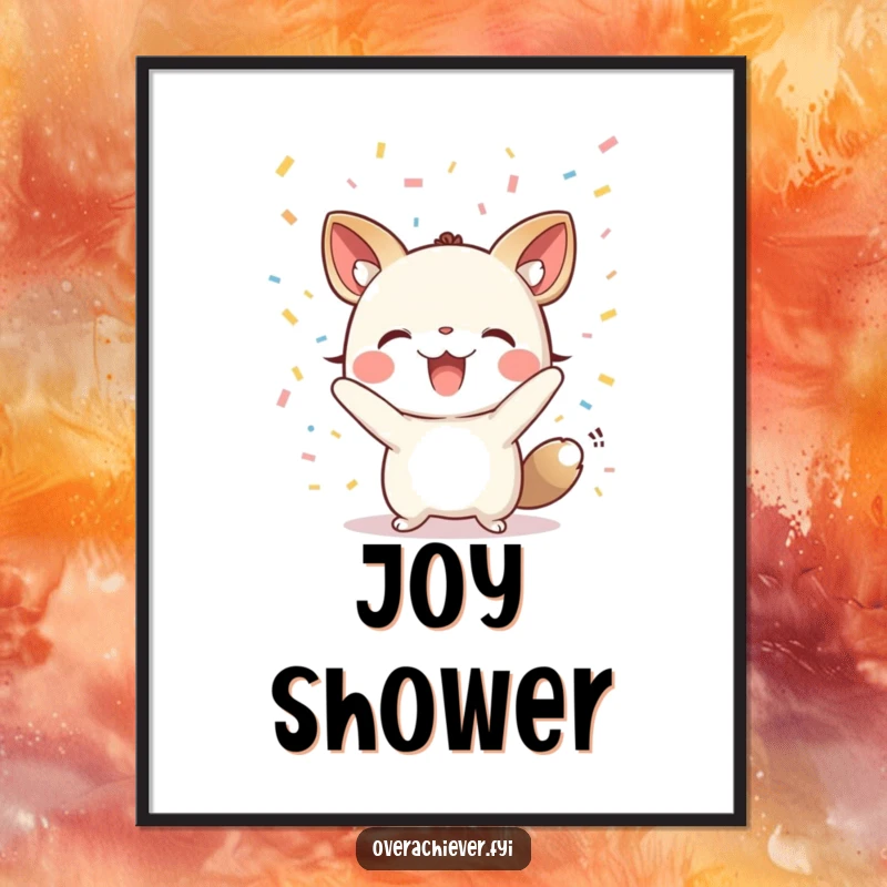 Funny digital art print of a cheering animal character with confetti raining down, vibrant and festive wall decor.