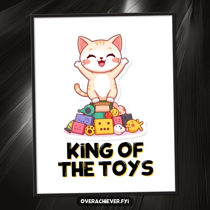 Funny happy cat character triumphantly balancing on a precarious stack of toys, presented as a vibrant digital art print.