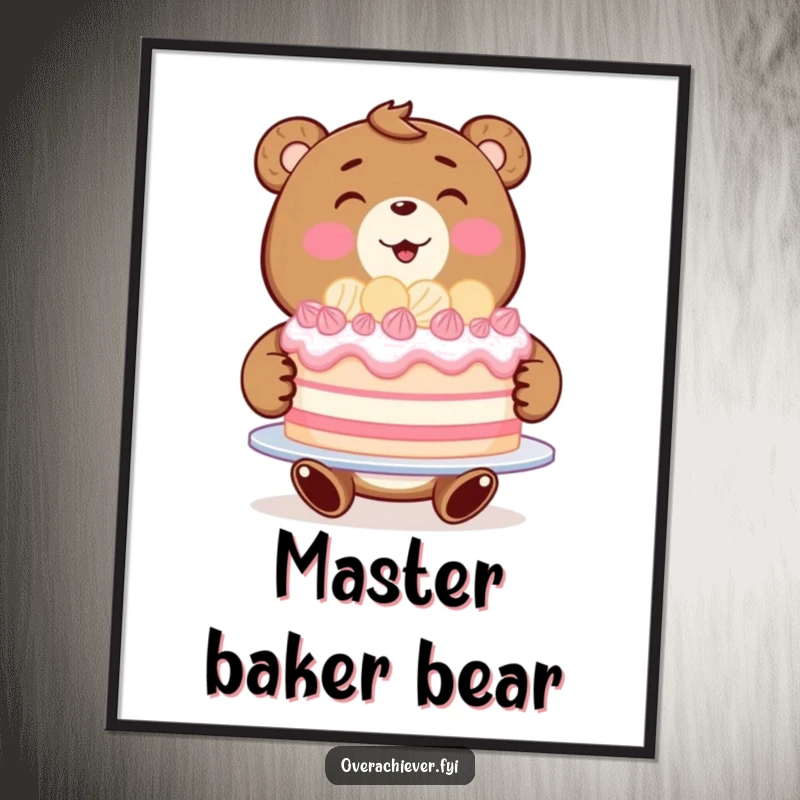Funny bear baker digital art print of a beaming bear proudly presenting a huge, impossibly perfect large cake.
