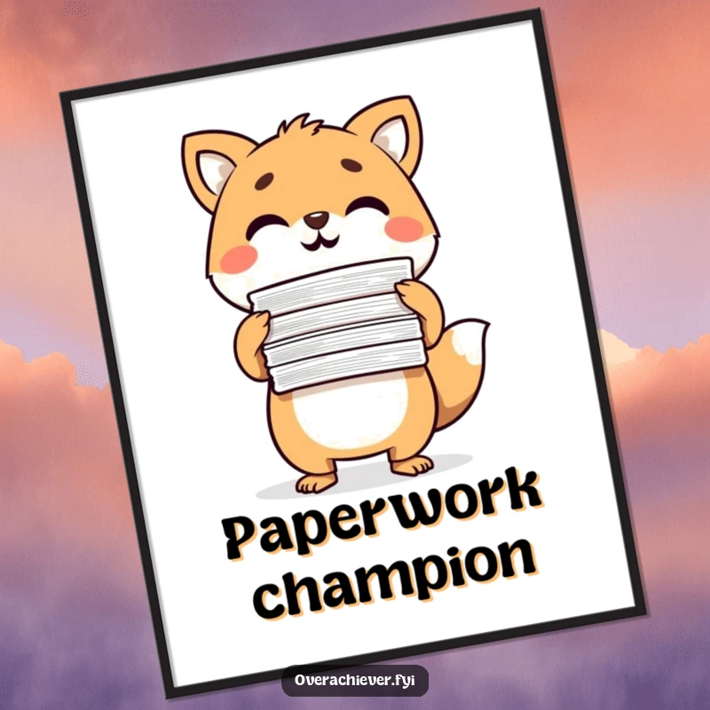Funny Digital Art Print of a determined animal character triumphantly holding completed papers, perfect for instant office decor.