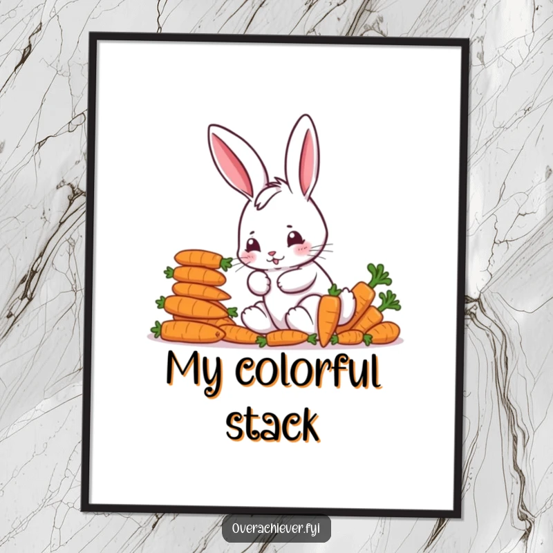 Funny Digital Art Print: A focused bunny character meticulously arranging a tall stack of colorful carrots, embodying playful, humorous order.
