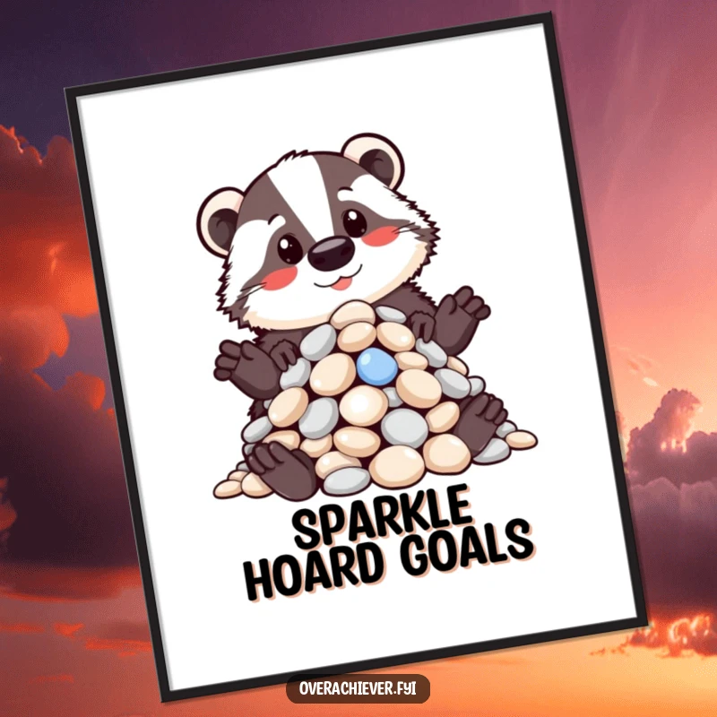 Funny digital art print of a proud badger showcasing a meticulously organized pile of shiny pebbles, exuding humorous pride, a great funny gift.