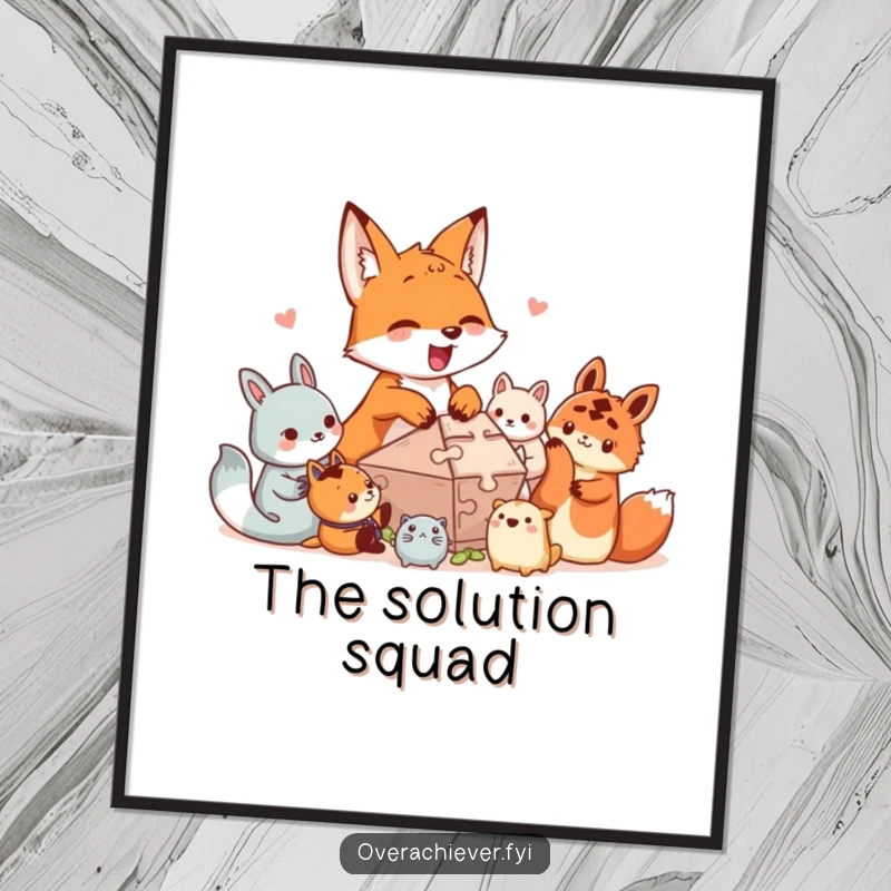 Funny digital art: An excited fox character helps smaller creatures solve a complex puzzle, capturing a humorous scene of collaboration instantly.