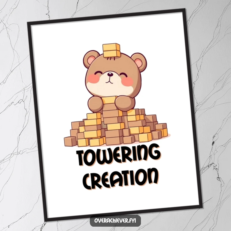 Funny digital art print of a focused bear gleefully stacking tiny blocks, vibrant and humorous building-themed artwork.