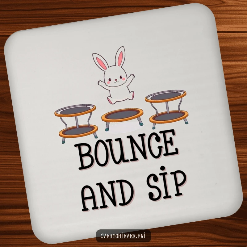 Funny drink coasters depicting a tiny rabbit character hopping energetically on three trampolines, protecting surfaces with cheerful activity.