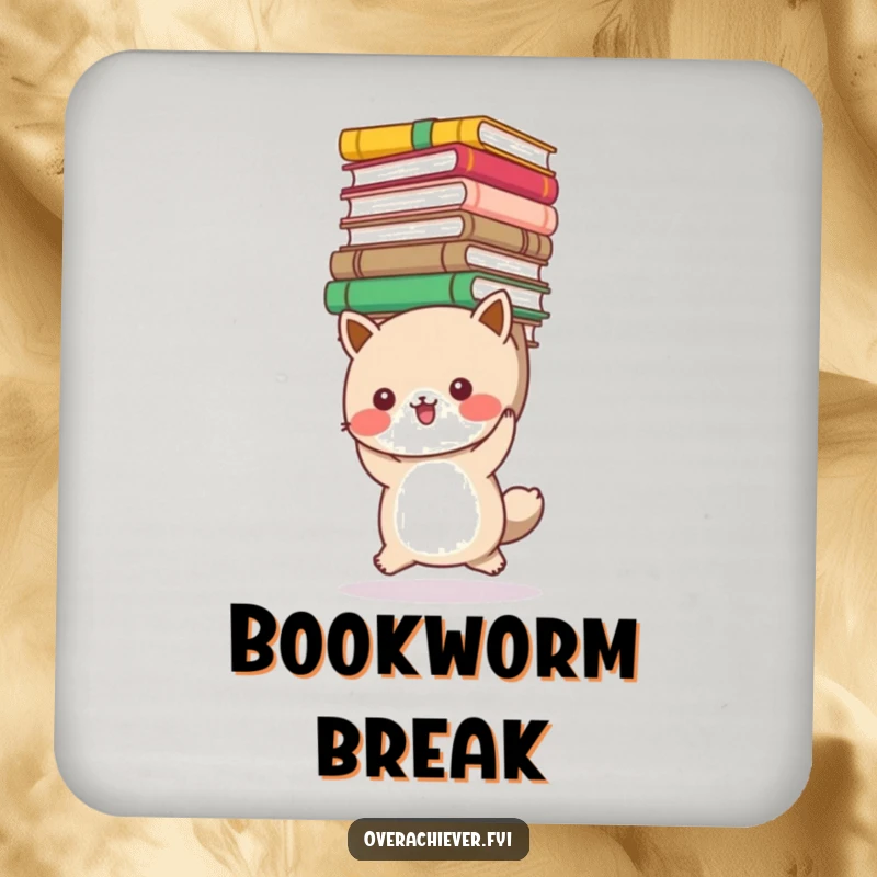 Funny book stack animal coaster featuring a cute creature carrying a pile of books, protecting surfaces with literary flair. Decorative and humorous accessory.