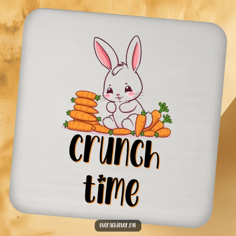 Funny Coasters: A focused bunny character meticulously arranging colorful carrots, offering humorous protection for your drinks.