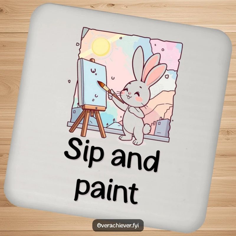 Funny bunny painting coaster featuring a cute bunny artist diligently painting a large mural with a tiny paintbrush.