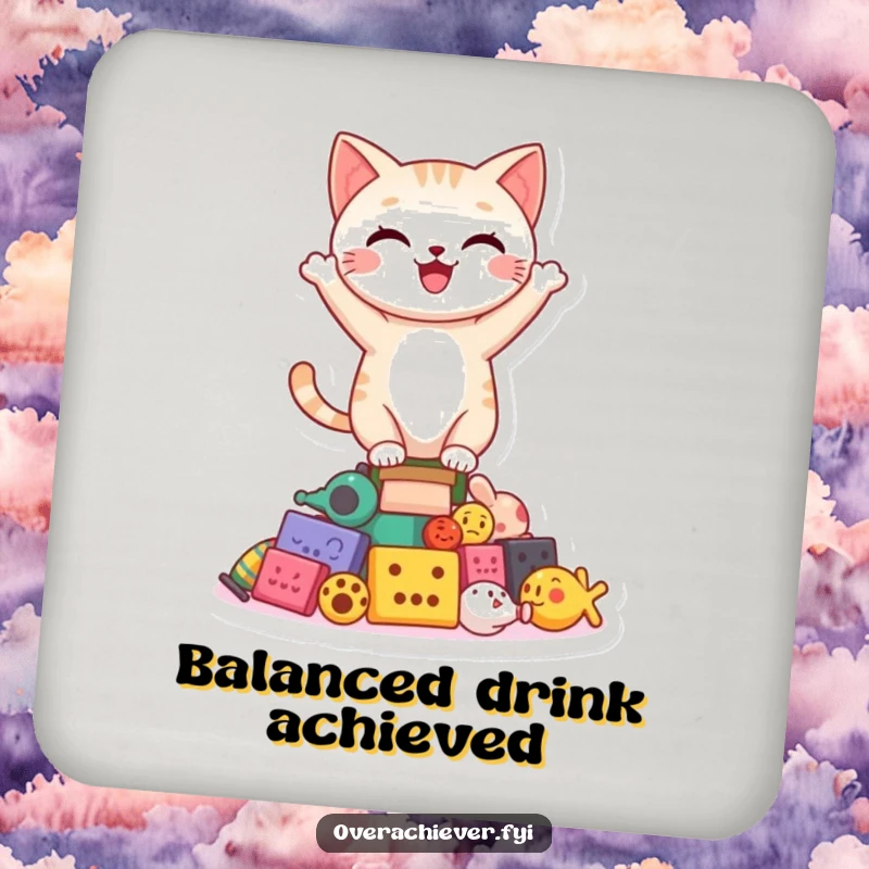 Funny happy cat character balancing on a precarious stack of toys on a protective drink coaster, a charming accessory.