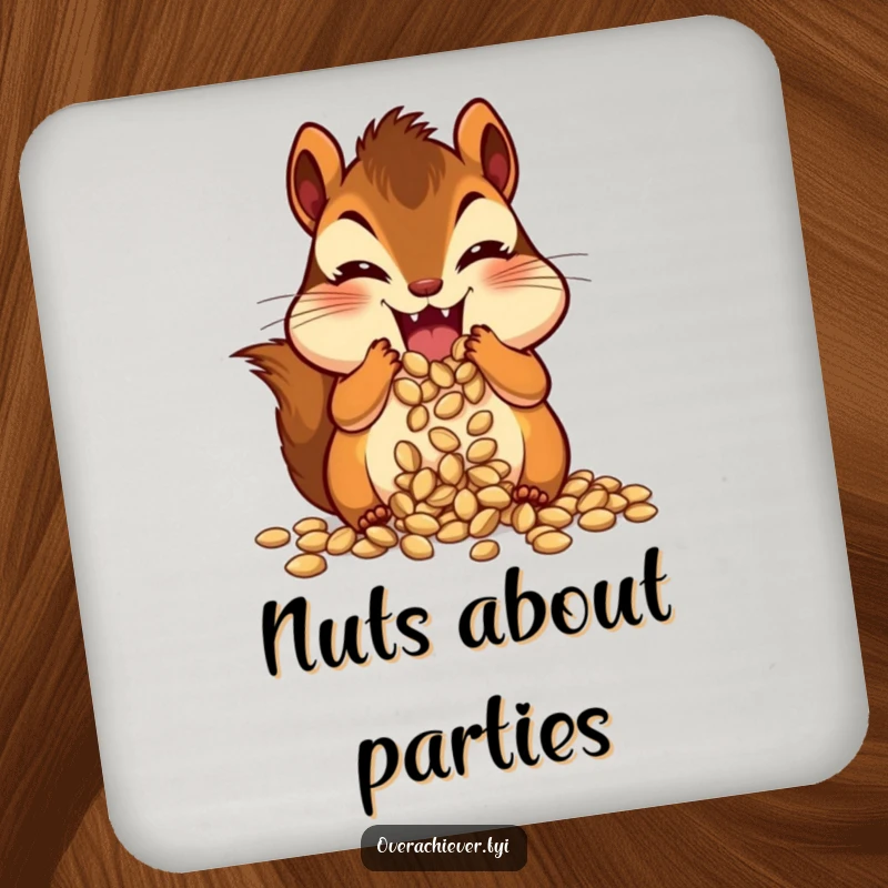 Funny chipmunk character with cheeks packed full of seeds, ready to find a hiding spot, humorous coasters.