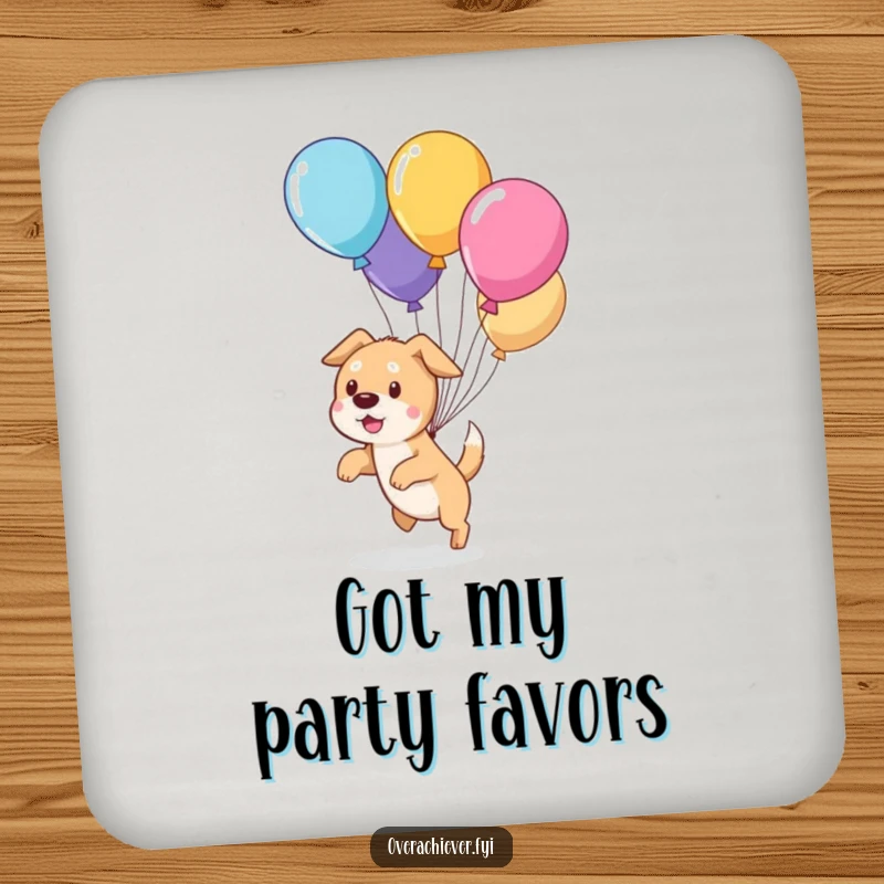 Funny cute dog character humorously herding escaped balloons on a protective drink coaster, a charming accessory.