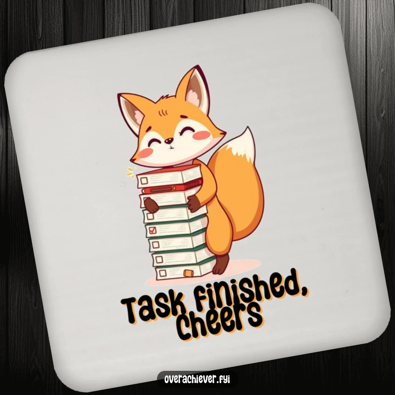 Funny drink coaster with an energetic fox balancing a stack of completed task lists, adding humorous flair, a nice funny gift.