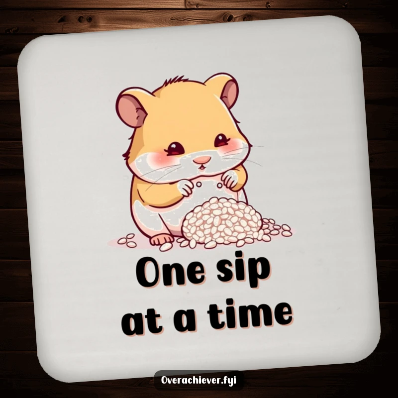 Funny determined hamster carefully counting a single grain of rice on a drink coaster, offering surface protection.