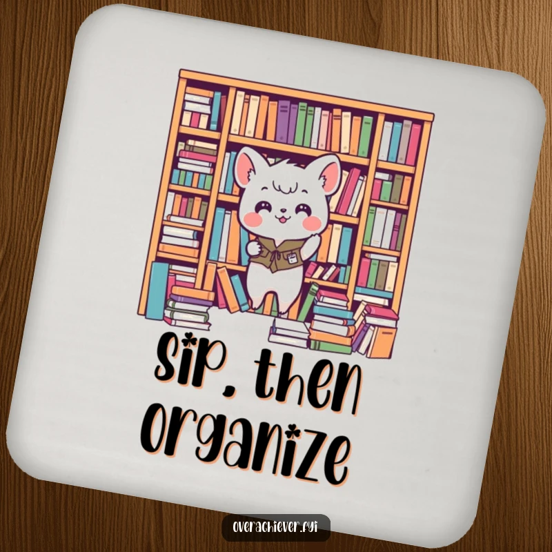 Funny animal coaster, enthusiastically organizing a messy bookshelf, protecting surfaces with humor and neatness. A decorative home gift.