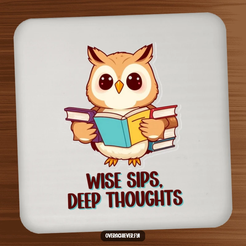 Funny owl coasters showing a cheerful character studying textbooks, protecting surfaces with humor.