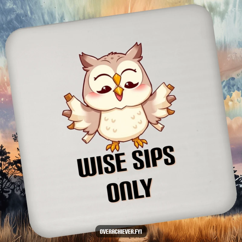 Funny cheerful owl character trying to multitask with too many scrolls unfurled, a practical and humorous drink coaster.