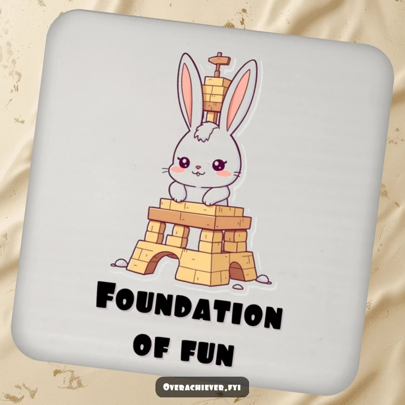 Funny rabbit builder coaster, determined rabbit character building a structure, protecting surfaces with a humorous touch.