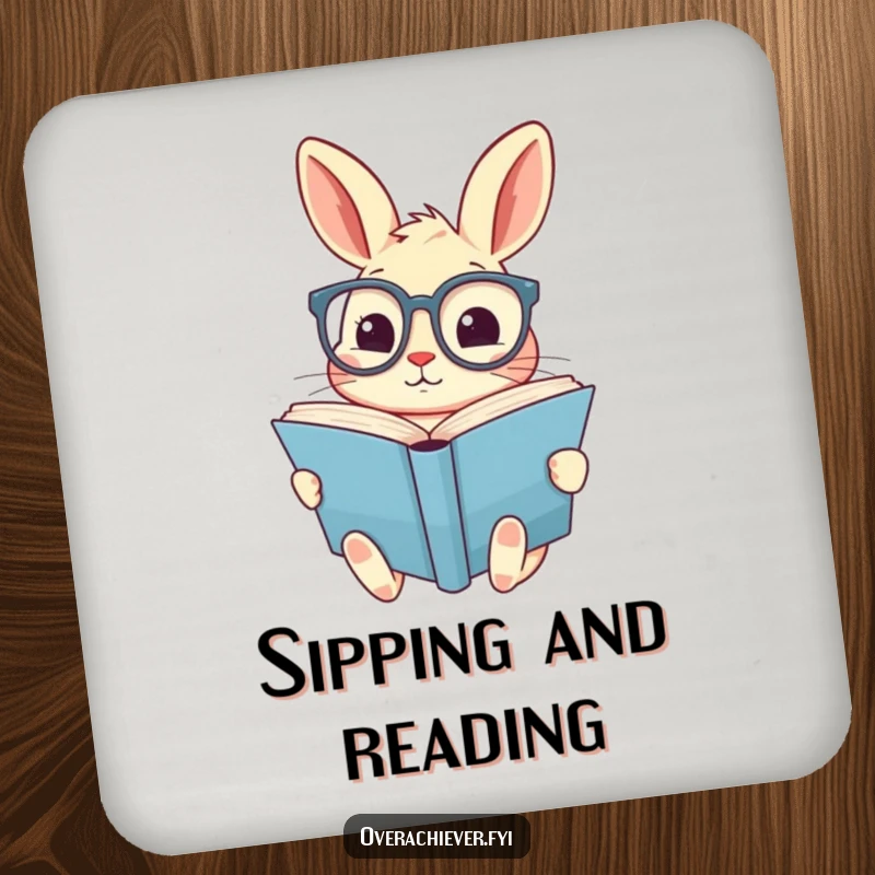 Funny coaster featuring a cute rabbit in oversized spectacles, diligently reading a giant book, adding literary charm to surfaces.