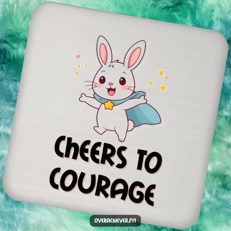 Funny happy rabbit character wearing a superhero cape, attempting to fly with sheer willpower, a practical and humorous drink coaster.