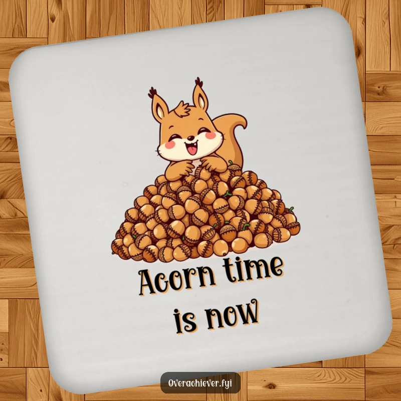 Funny squirrel coasters showing a happy character hoarding acorns, protecting surfaces with humor.