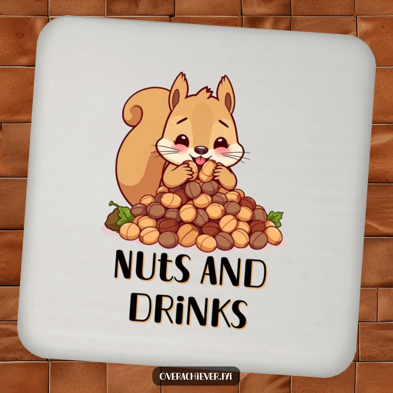 Funny cute squirrel character frantically stuffing an impossibly large amount of nuts, a practical and humorous drink coaster.