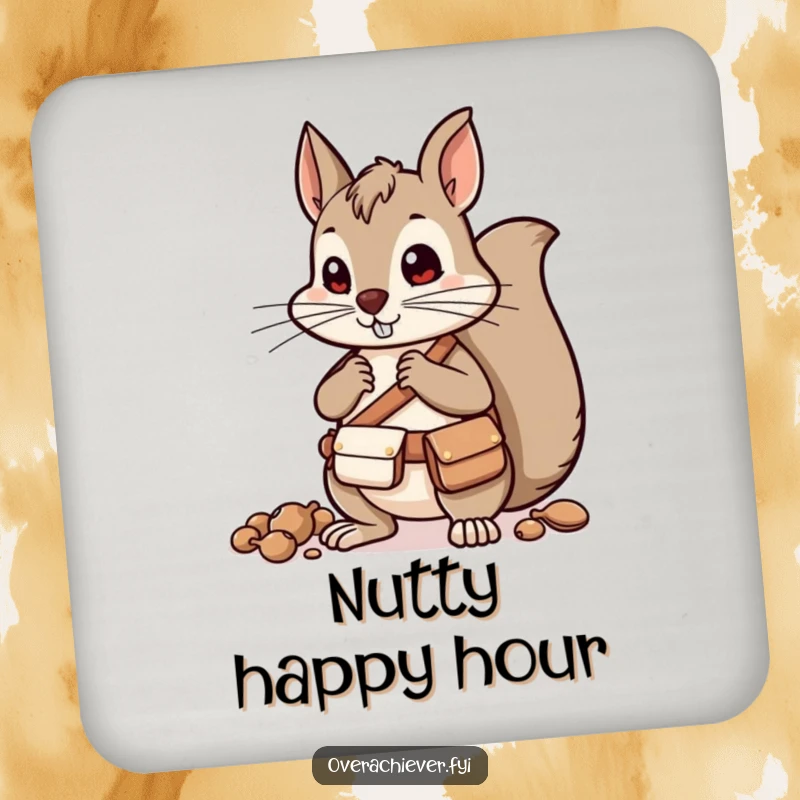 Funny squirrel character with pouches sorting nuts, a humorous coaster for drink protection.