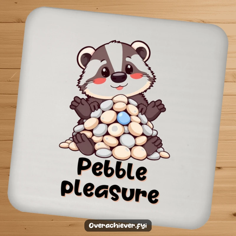 Funny drink coaster with a proud badger and meticulously organized shiny pebbles, adding humorous flair, a nice funny gift.