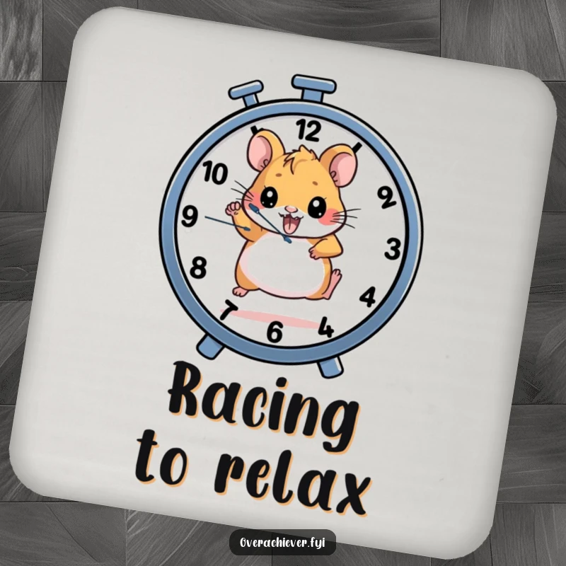 Funny coasters with a determined hamster character running on a wheel that also functions as a clock, adding motivational flair.