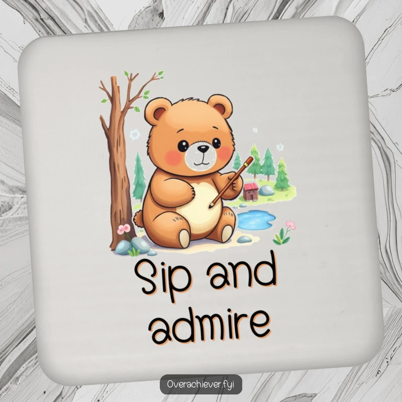 Funny Coasters: A focused bear character carefully painting a detailed miniature landscape, protecting surfaces with art.