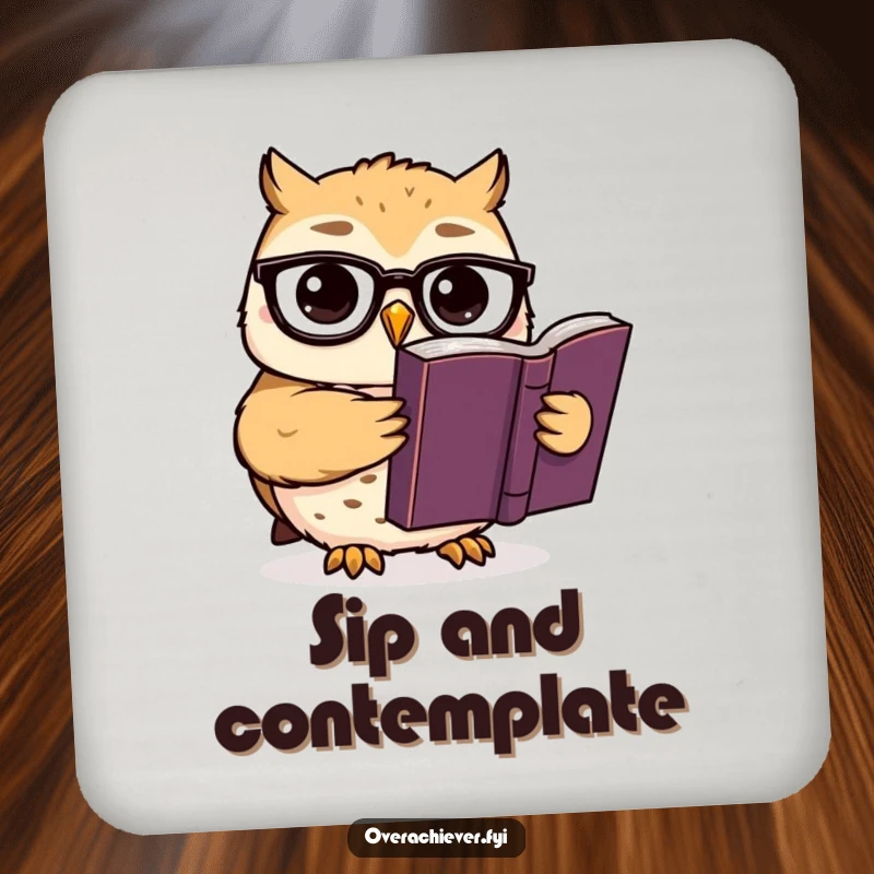 Funny drink coaster: A cute owl character wearing spectacles reads a thick book, bringing humorous scholarly flair to your table.