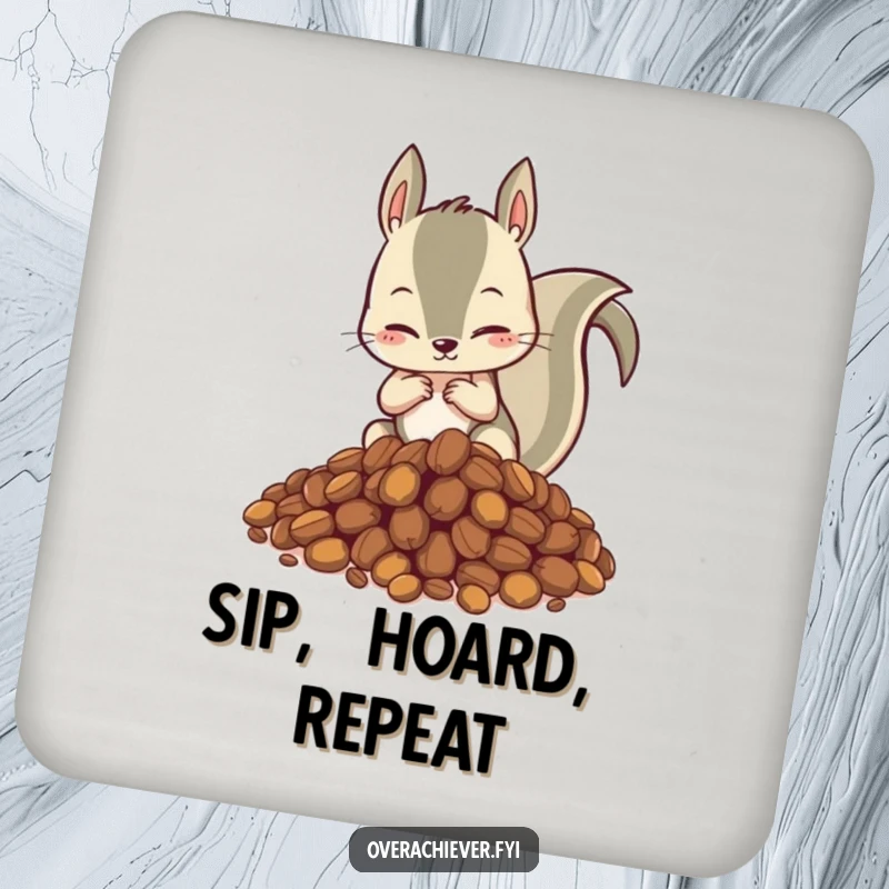 Funny drink coasters depicting a hyperactive squirrel meticulously organizing a mountain of nuts, protecting surfaces with comedic flair.