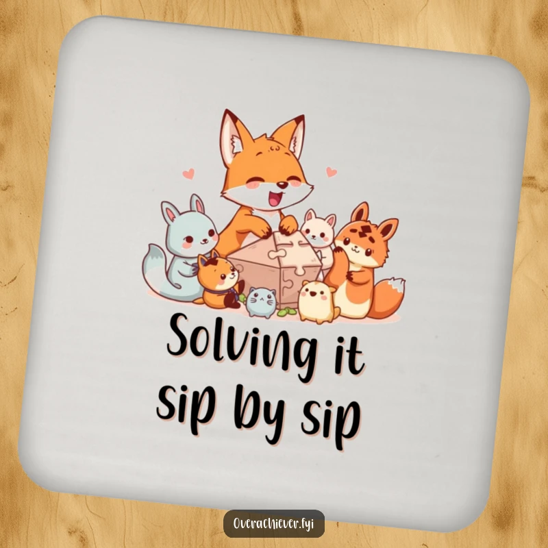 Funny drink coaster: An excited fox character helps smaller creatures with a complex puzzle, bringing humorous teamwork flair to your table.