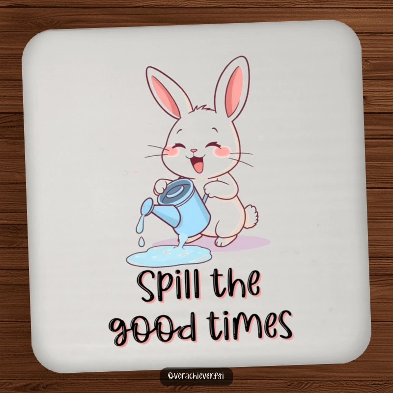 Funny energetic rabbit coaster, exuberantly watering a tiny, overflowing watering can, cute table accent.