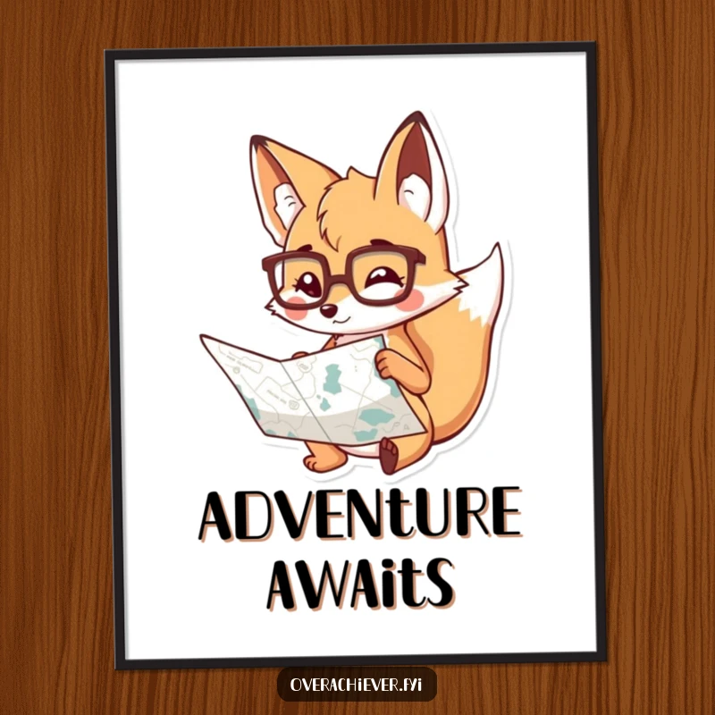 Funny Poster: A playful fox in spectacles diligently studying a large map, illustrating a humorous journey of discovery.