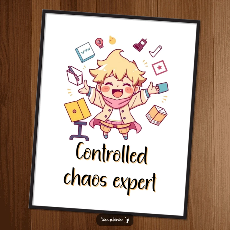 Funny poster of a character joyfully juggling an extreme number of tasks, embodying the spirit of a busy achiever.