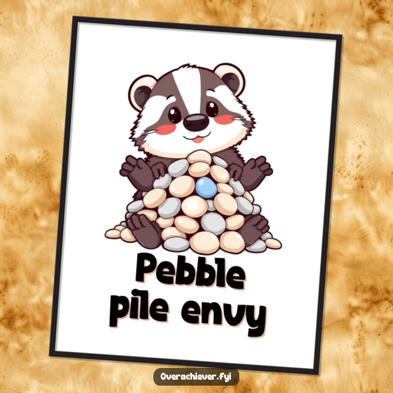 Funny poster of a proud badger showcasing a meticulously organized pile of shiny pebbles, symbolizing humorous pride and order, a great funny gift.