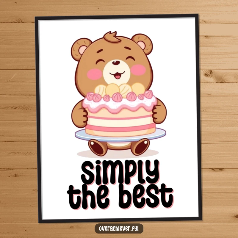 Funny bear baker poster showing a beaming bear proudly presenting a huge, impossibly perfect large cake.