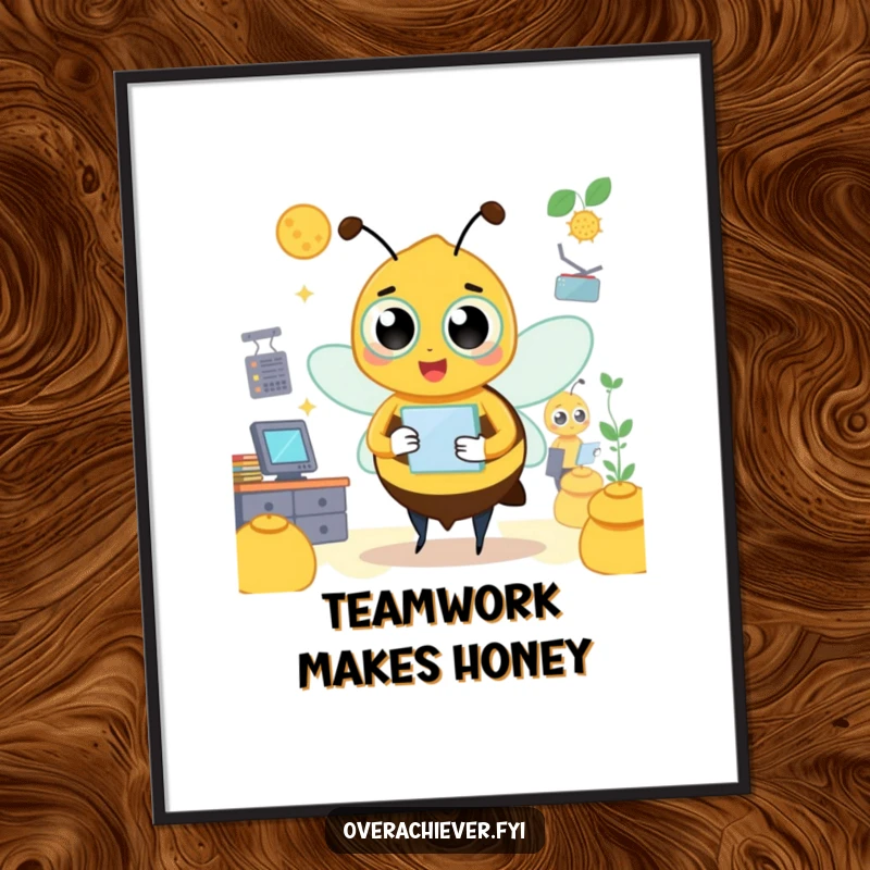 Funny bee poster featuring a busy character managing a hive with multiple tasks and managers, motivational wall art.