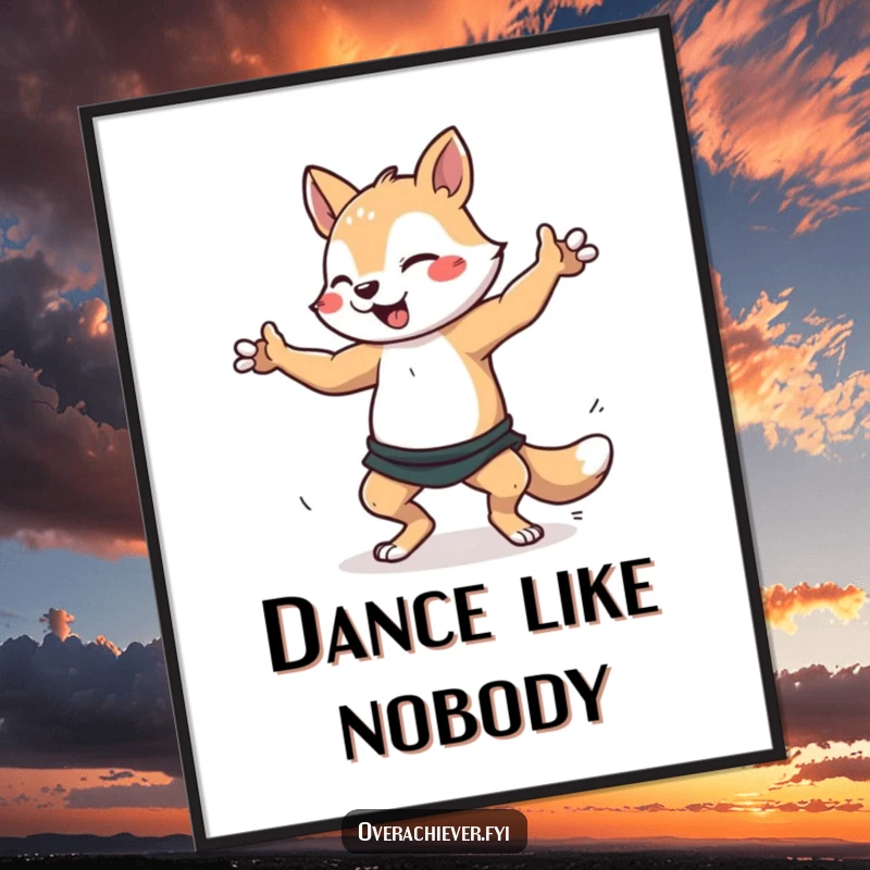 Funny dancer animal poster featuring a character furiously practicing a complex dance routine, celebrating movement and dedication. Humorous inspirational art.