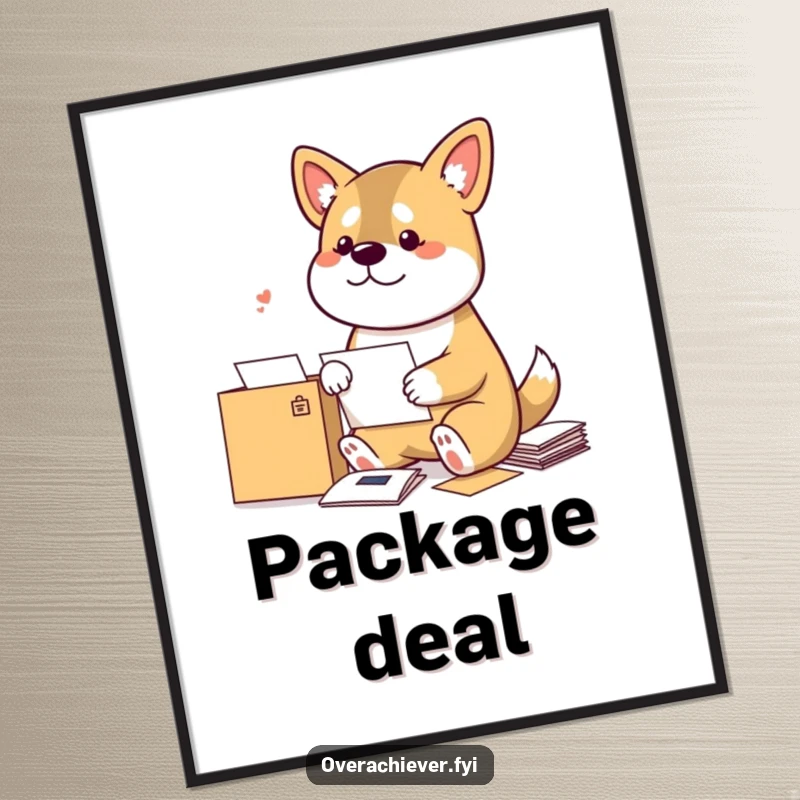 Funny Dog Poster: A bouncy dog meticulously sorting mail by sender, creating a humorous and eye-catching piece of wall art.