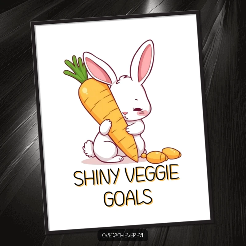 Funny poster featuring a determined rabbit polishing a huge golden carrot, symbolizing humorous dedication and aspiration, a great funny gift for walls.